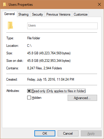 properties of the users folder